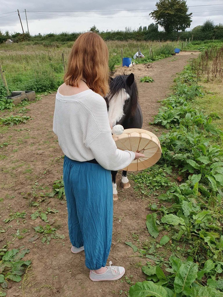 Sharing the drum with Sambuka on a quiet path through the meadows.